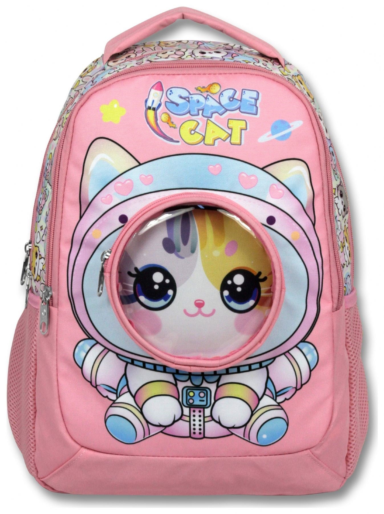 Cennec (Pembe - Beyaz) Kız Çocuk Astronot Kedi Baskılı İlkokul Okul Sırt Çantası - 6003