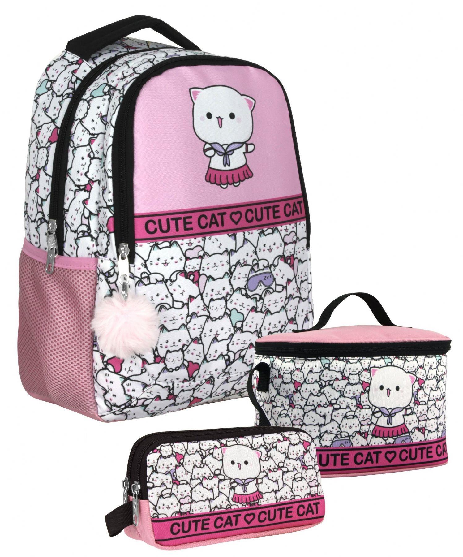 Cennec SETUMT5012A Üçlü İlkokul Çanta Seti (Pembe Beyaz - Sevimli Kediler - Kız Çocuk)