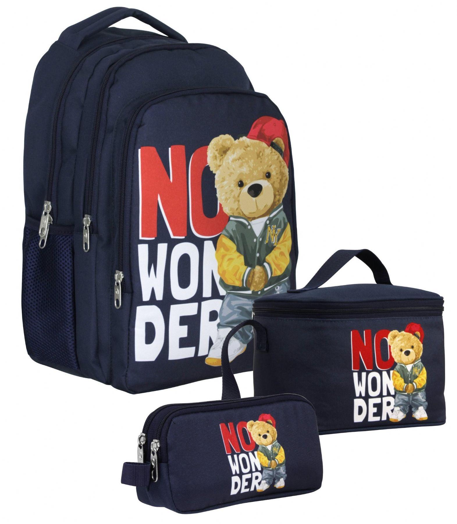 Cennec Üç Bölmeli Erkek Çocuk Hiphop Ayıcık Üçlü Okul Çanta Seti - Lacivert Beyaz - SETUMT5033A