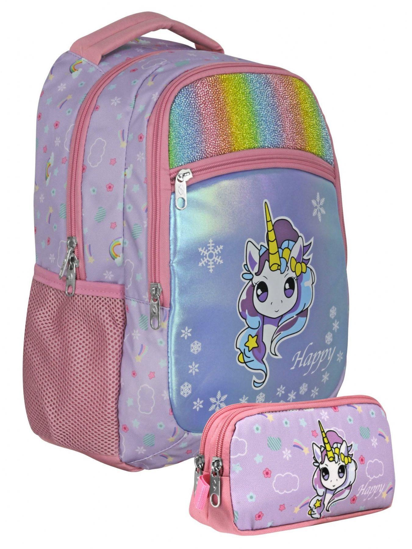 Cennec UMT5015+UMT5017 Sırt Çantası ve Kalemlik Seti (Turkuaz Pembe - Gökkuşağı Unicorn - Kız Çocuk)