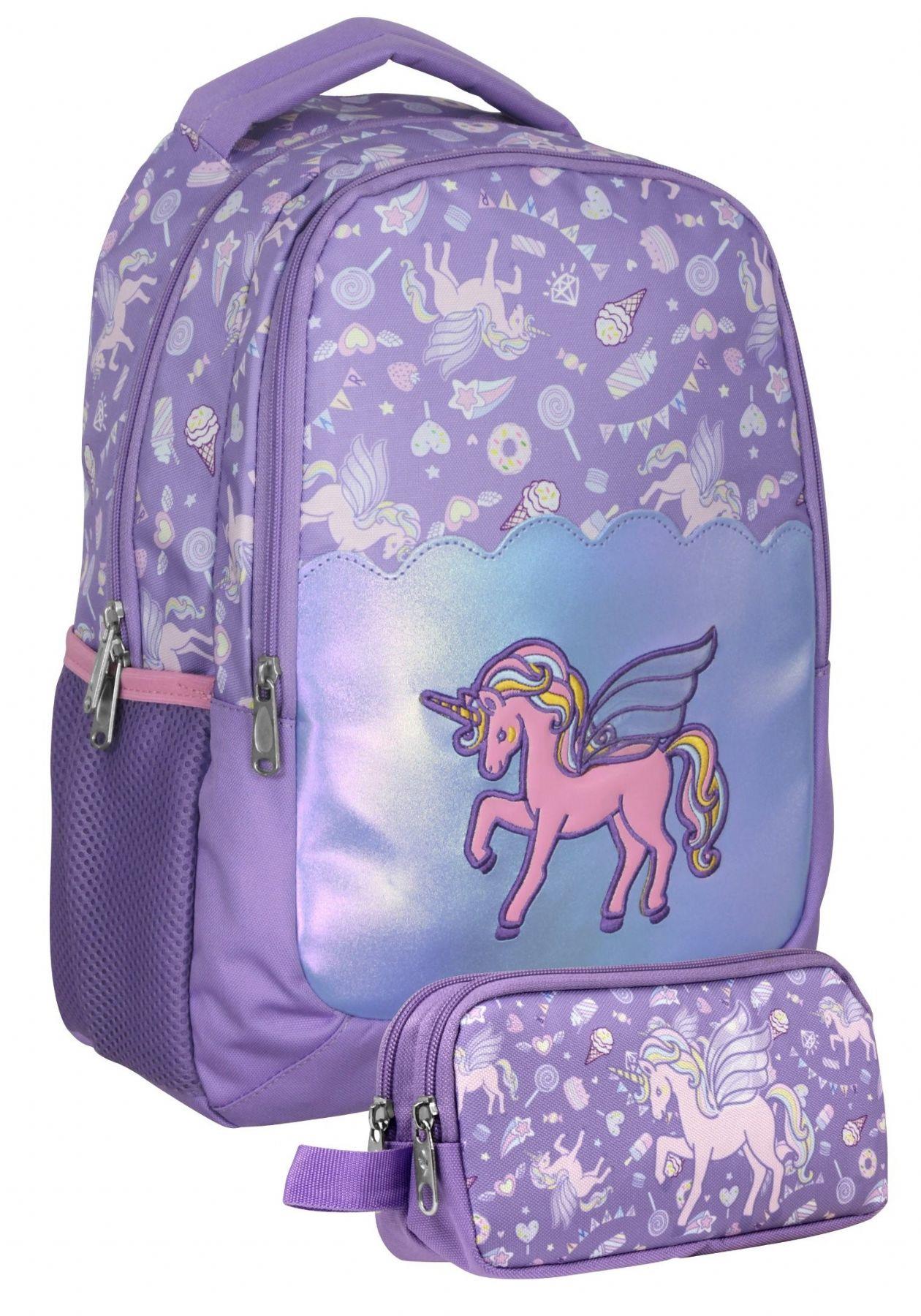 Cennec UMT5027+UMT5029 Sırt Çantası ve Kalemlik Seti (Lila - Nakışlı Unicorn Pegasus - Kız Çocuk)