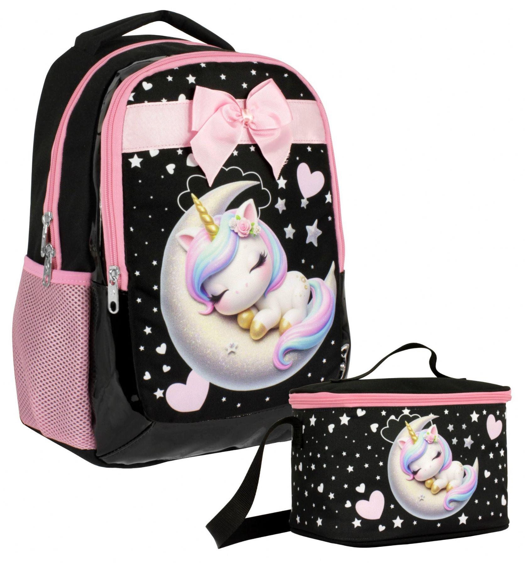 Cennec Uykucu Unicorn Desenli Kız Çocuk Siyah Pembe İkili Çanta ve Beslenme Seti - SETUMT5060B