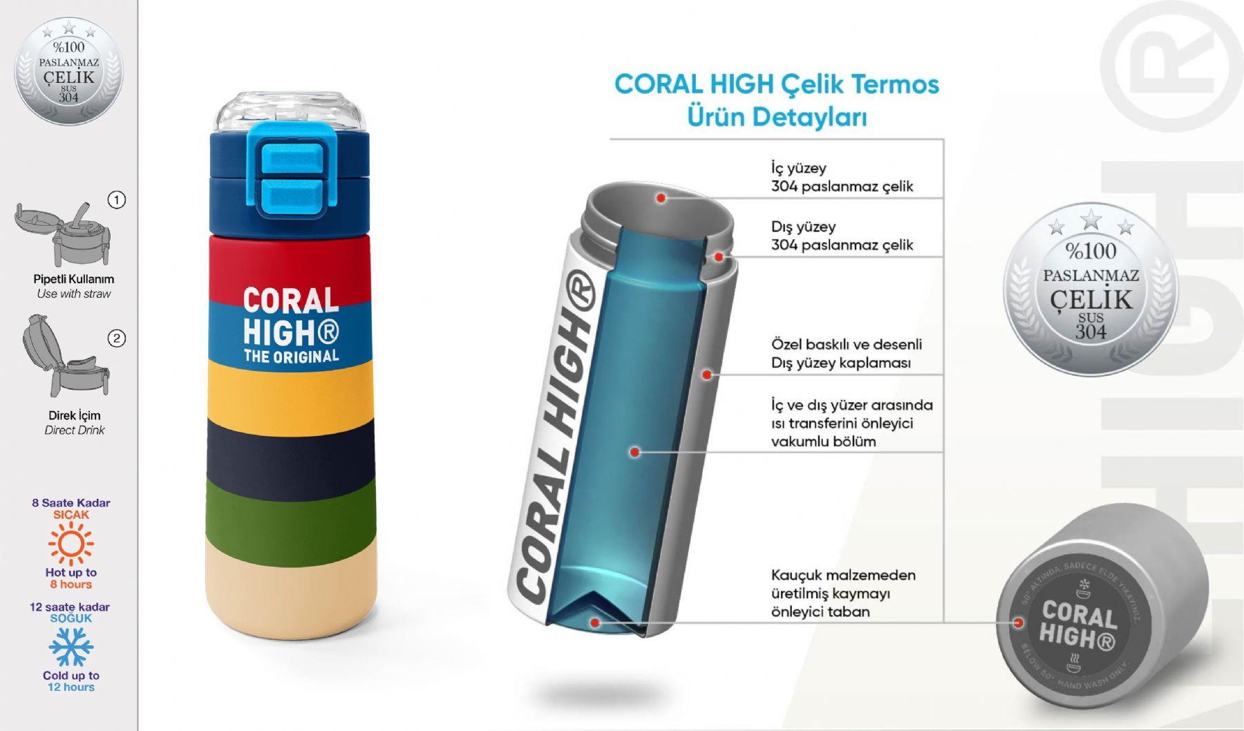 Coral High 500 ml Erkek Çocuk Çok Renkli Çizgi Desenli Çelik Termos Matara - Okul Suluğu