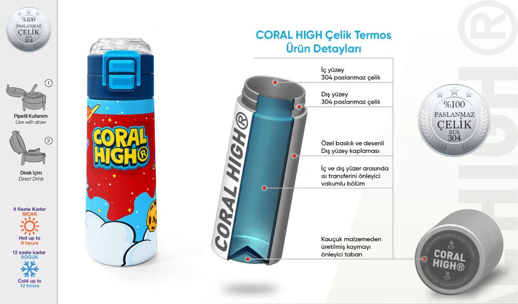 Coral High 500 ml Erkek Çocuk Kırmızı Mavi Astronot Baskılı Çelik Termos Matara - Okul Suluğu