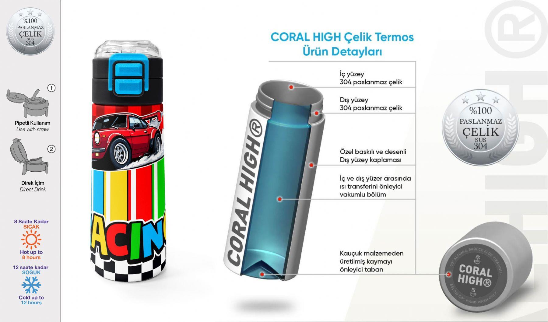 Coral High 500 ml Erkek Çocuk Kırmızı Racing Araba Baskılı Çelik Termos Matara - Okul Suluğu