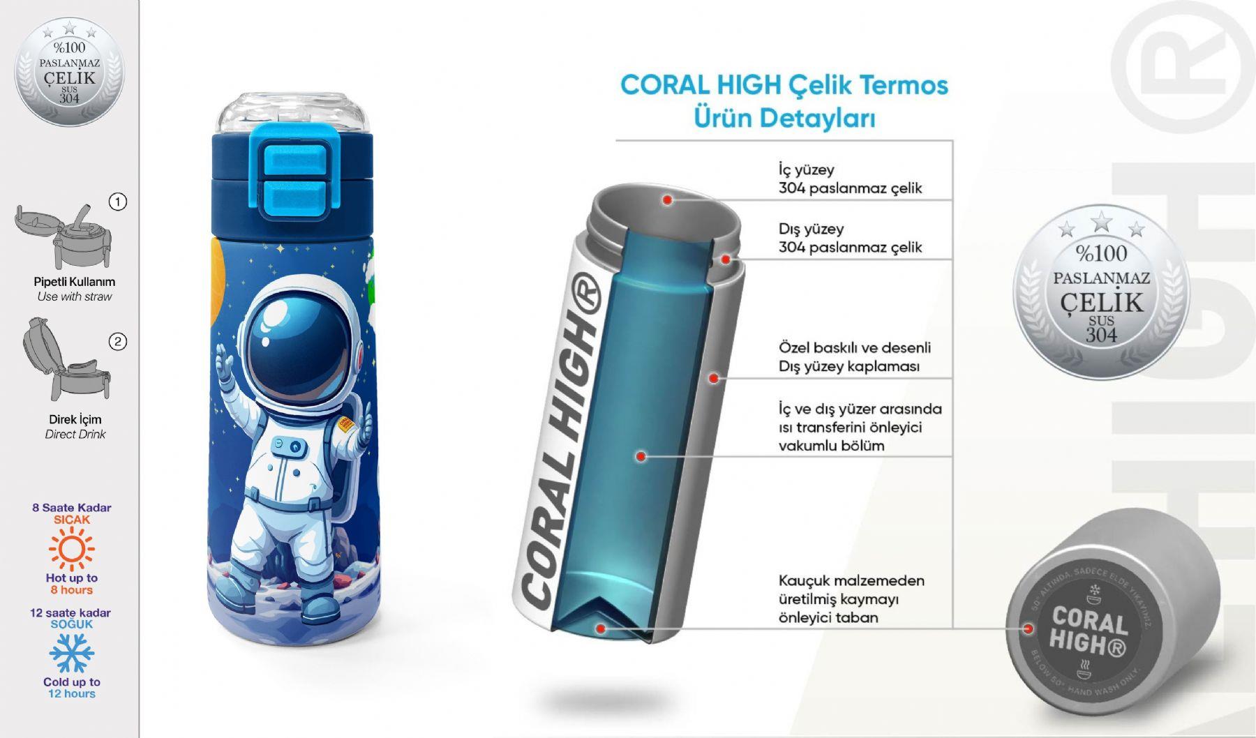 Coral High 500 ml Erkek Çocuk Lacivert Beyaz Astronot Baskılı Çelik Termos Matara - Okul Suluğu