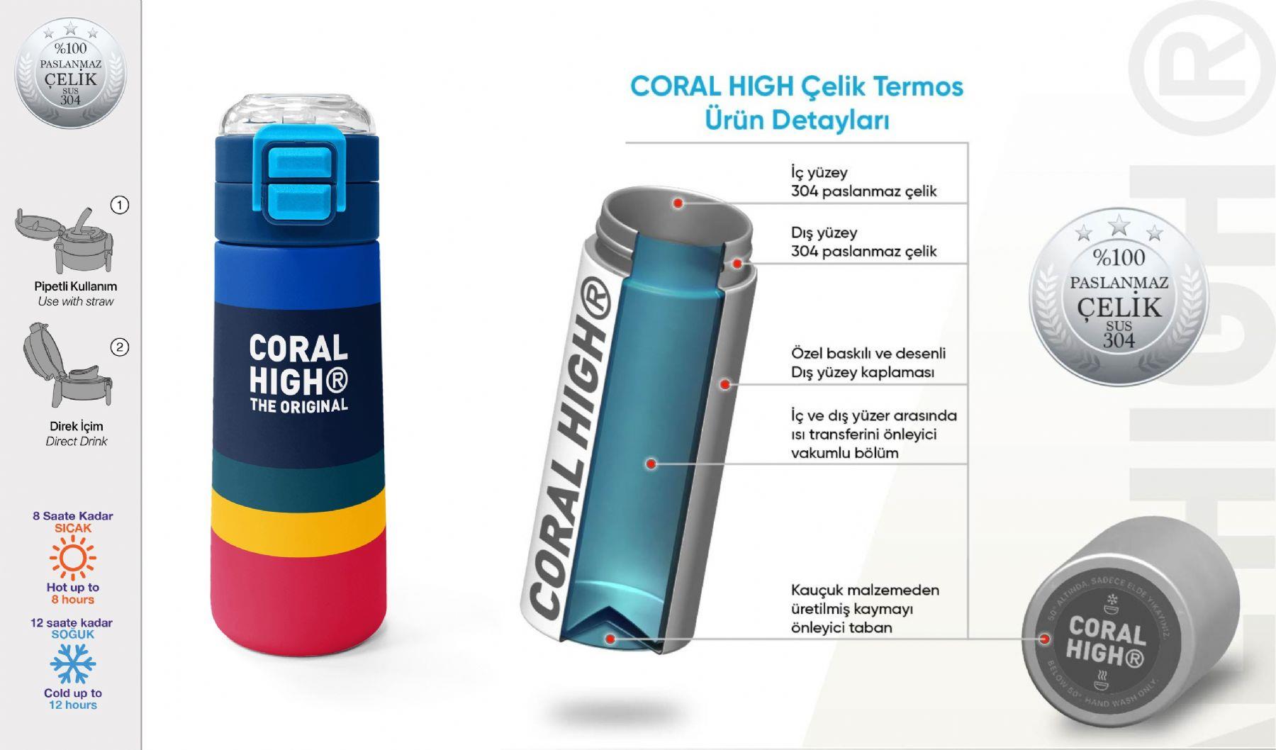 Coral High 500 ml Erkek Çocuk Lacivert Çizgi Desenli Çelik Termos Matara - Okul Suluğu