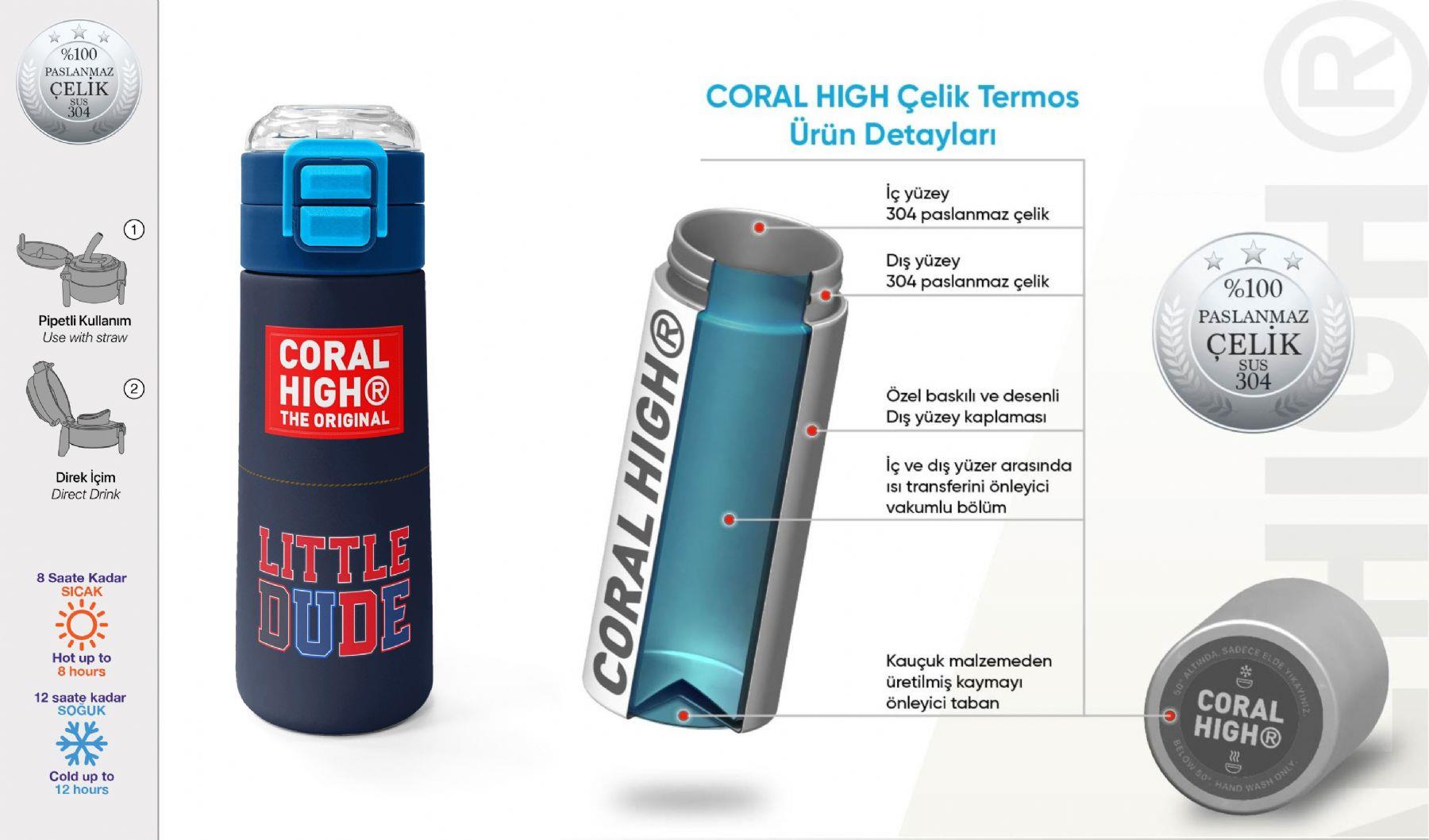 Coral High 500 ml Erkek Çocuk Lacivert Kırmızı Little Dude Baskılı Çelik Termos Matara - Okul Suluğu