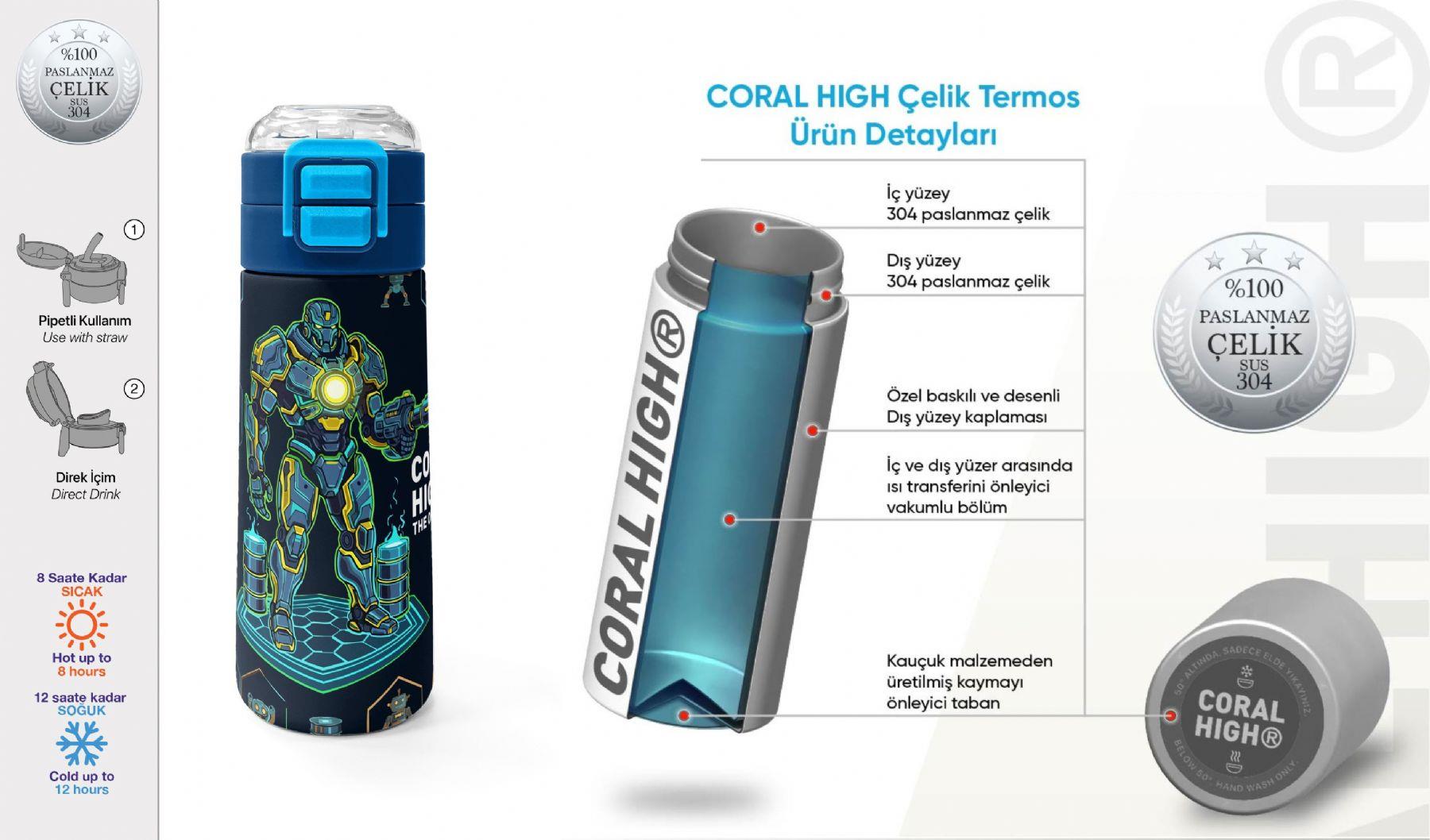 Coral High 500 ml Erkek Çocuk Lacivert Robot Baskılı Çelik Termos Matara - Okul Suluğu