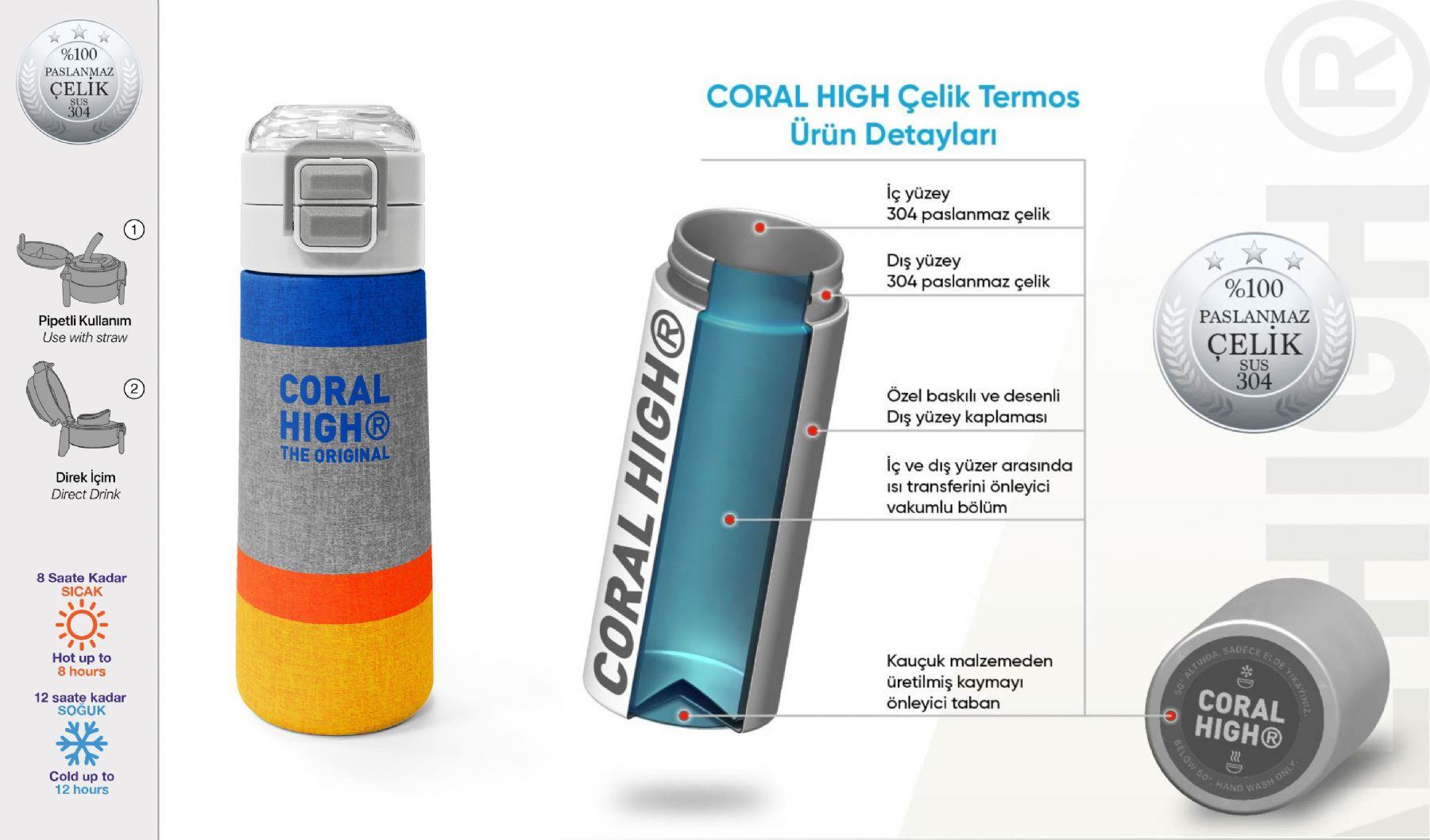 Coral High 500 ml Erkek Çocuk Mavi Gri Turuncu Çizgi Desenli Çelik Termos Matara - Okul Suluğu