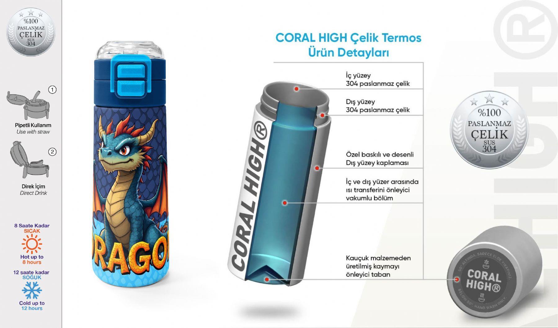 Coral High 500 ml Erkek Çocuk Mavi Sarı Dragon Desenli Çelik Termos Matara - Okul Suluğu