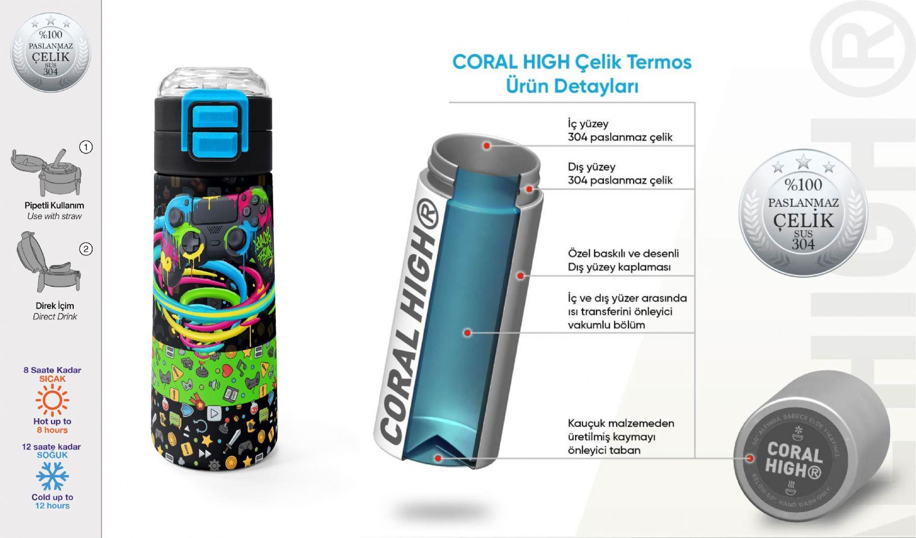 Coral High 500 ml Erkek Çocuk Oyun Baskılı Çelik Termos Matara - Okul Suluğu