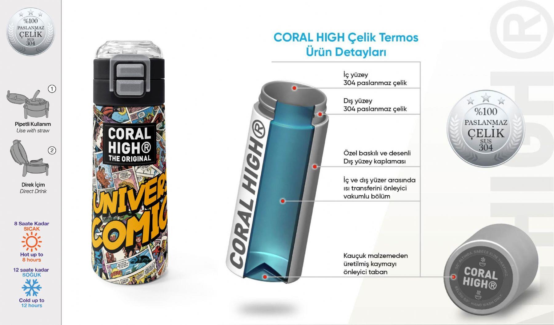 Coral High 500 ml Erkek Çocuk Sarı Çizgi Roman Desenli Çelik Termos Matara - Okul Suluğu