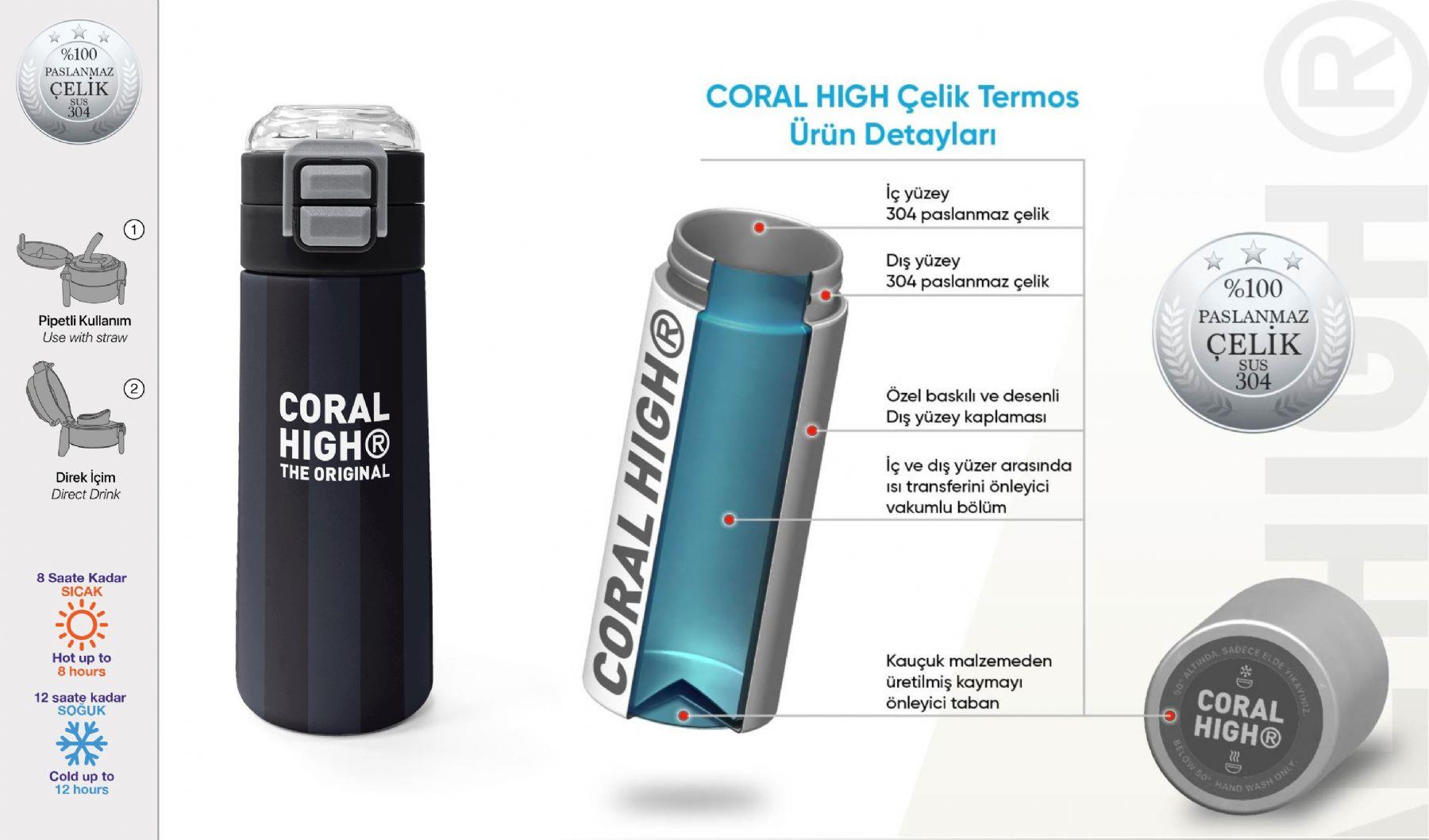 Coral High 500 ml Erkek Çocuk Siyah Gri Çizgi Desenli Çelik Termos Matara - Okul Suluğu