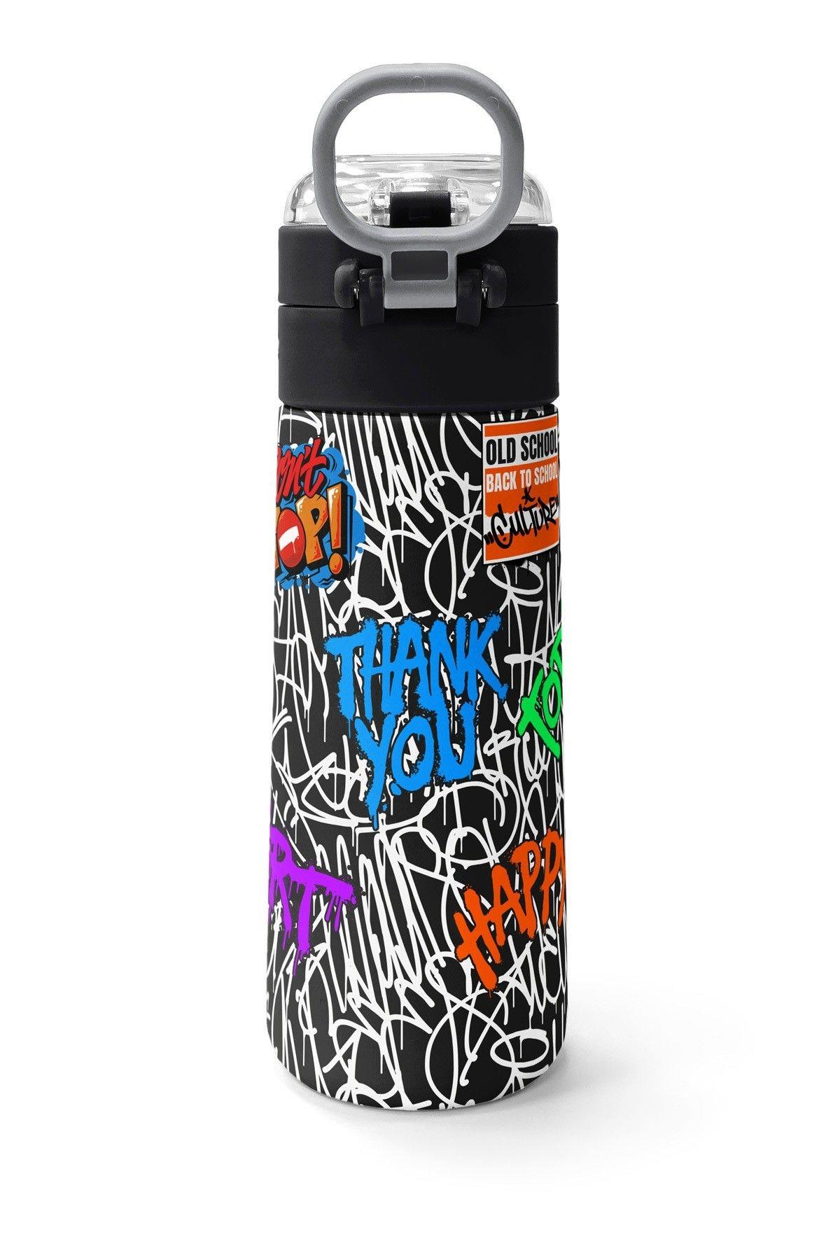 Coral High 500 ml Erkek Çocuk Siyah Mavi Grafiti Ayıcık Baskılı Çelik Termos Matara - Okul Suluğu