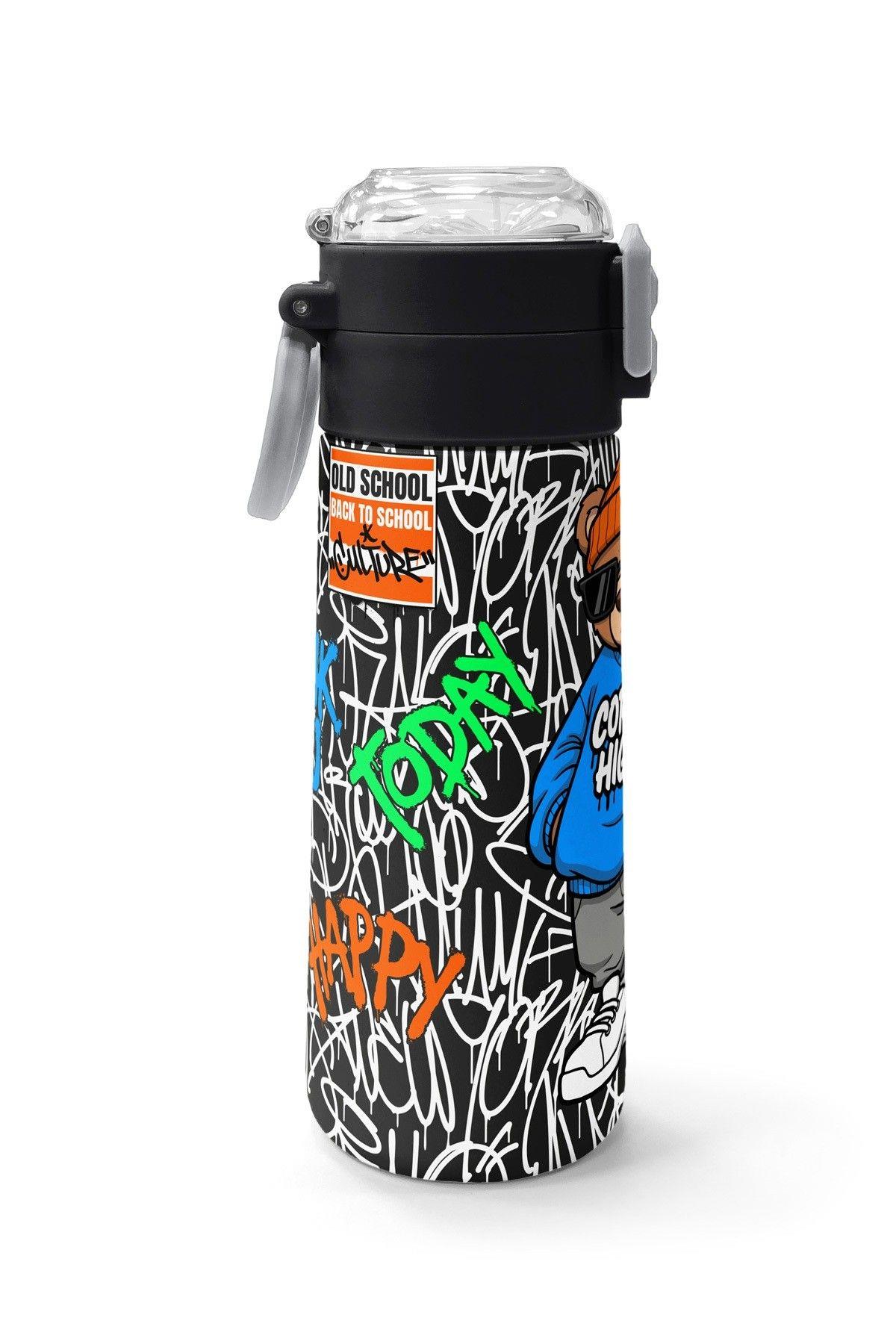 Coral High 500 ml Erkek Çocuk Siyah Mavi Grafiti Ayıcık Baskılı Çelik Termos Matara - Okul Suluğu