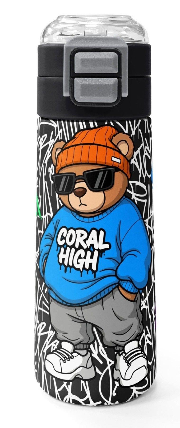 Coral High 500 ml Erkek Çocuk Siyah Mavi Grafiti Ayıcık Baskılı Çelik Termos Matara - Okul Suluğu