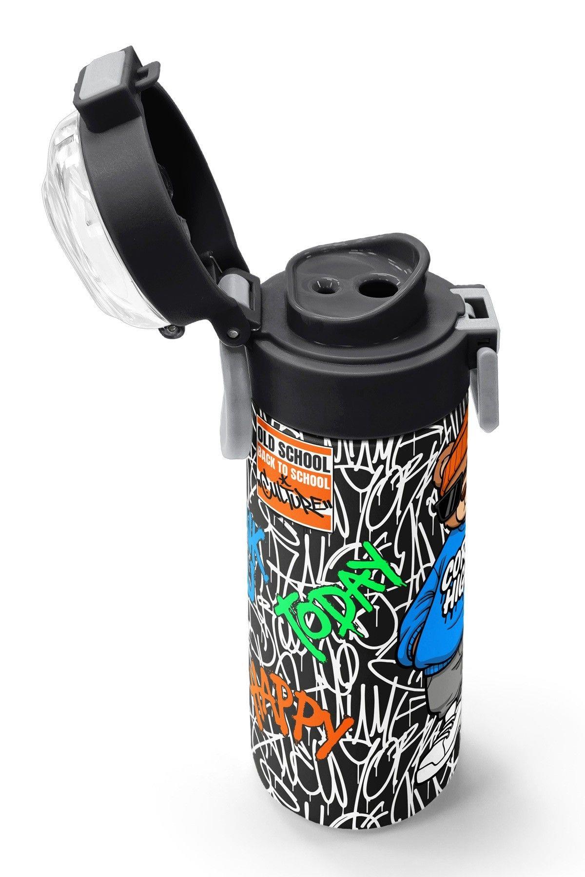 Coral High 500 ml Erkek Çocuk Siyah Mavi Grafiti Ayıcık Baskılı Çelik Termos Matara - Okul Suluğu