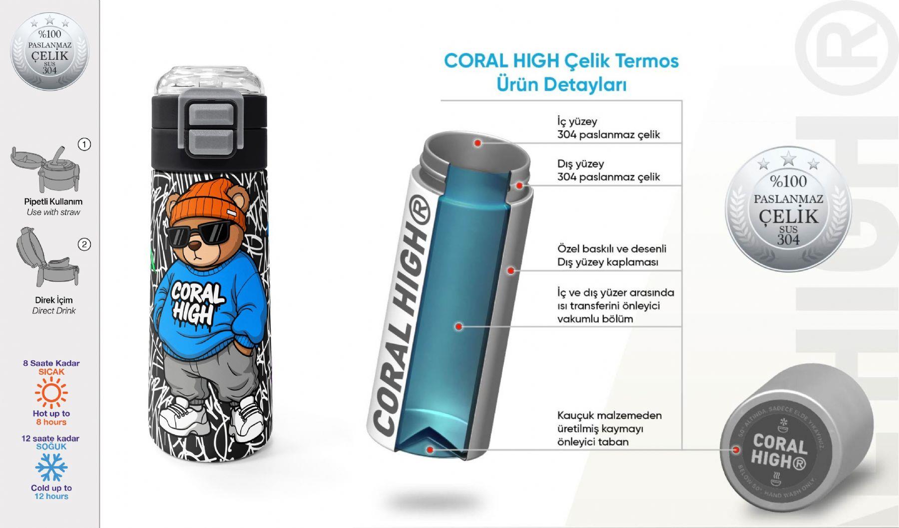 Coral High 500 ml Erkek Çocuk Siyah Mavi Grafiti Ayıcık Baskılı Çelik Termos Matara - Okul Suluğu