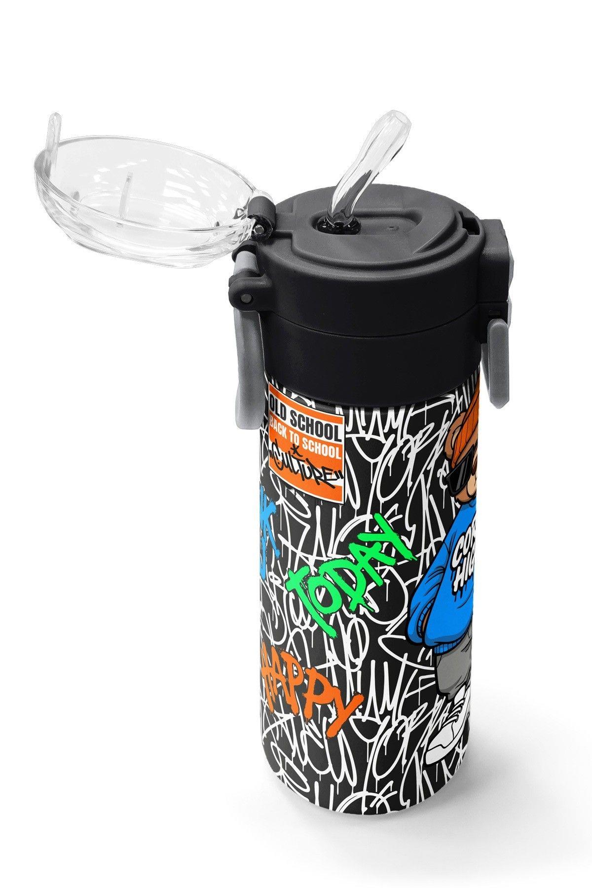 Coral High 500 ml Erkek Çocuk Siyah Mavi Grafiti Ayıcık Baskılı Çelik Termos Matara - Okul Suluğu