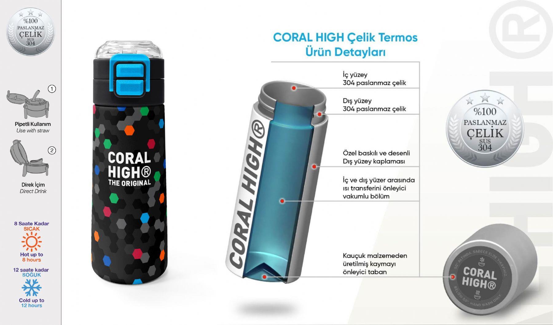 Coral High 500 ml Erkek Çocuk Siyah Petek Desenli Çelik Termos Matara - Okul Suluğu