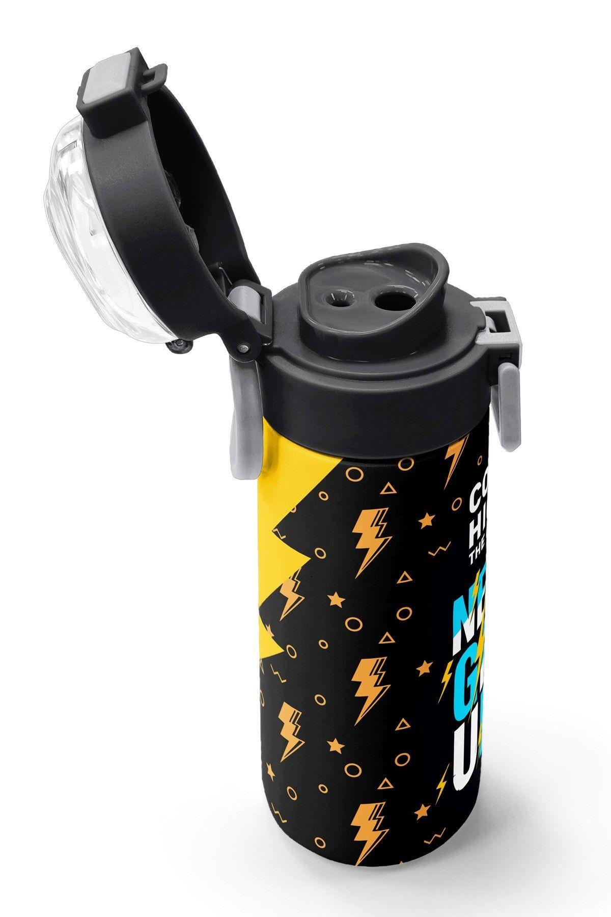 Coral High 500 ml Erkek Çocuk Siyah Sarı Never Give Up Baskılı Çelik Termos Matara - Okul Suluğu