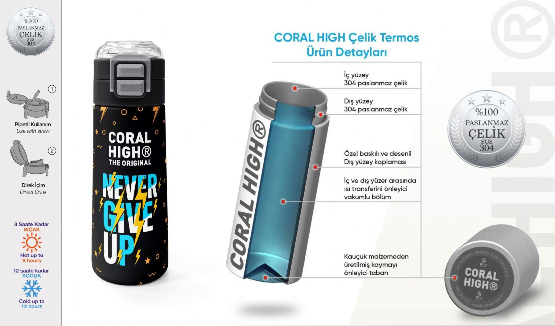 Coral High 500 ml Erkek Çocuk Siyah Sarı Never Give Up Baskılı Çelik Termos Matara - Okul Suluğu