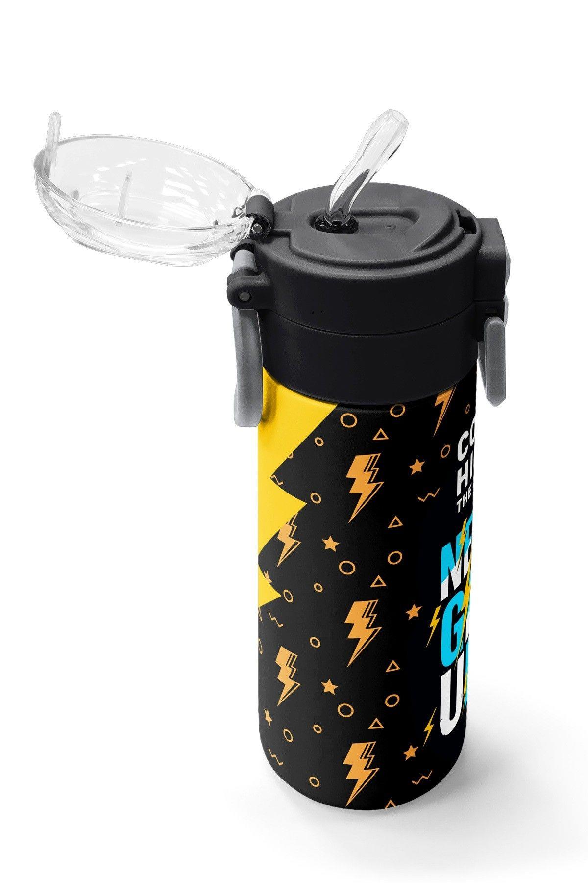 Coral High 500 ml Erkek Çocuk Siyah Sarı Never Give Up Baskılı Çelik Termos Matara - Okul Suluğu