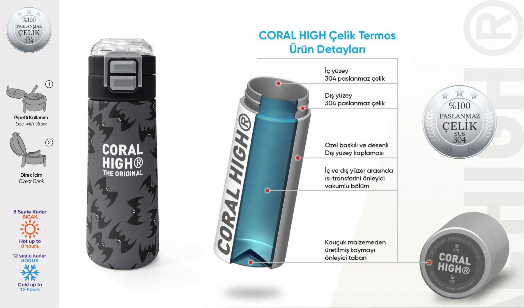 Coral High 500 ml Erkek Çocuk Siyah Yarasa Desenli Çelik Termos Matara - Okul Suluğu