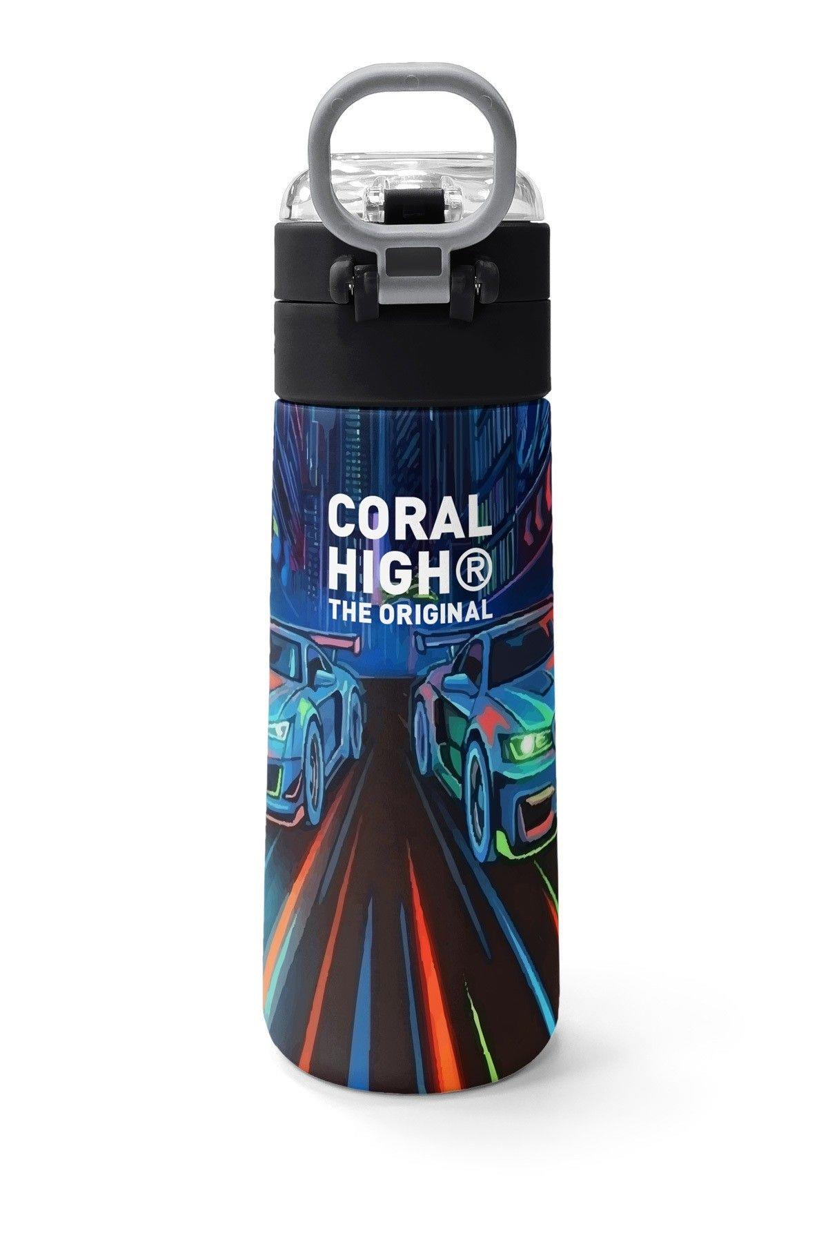 Coral High 500 ml Erkek Çocuk Siyah Yarış Arabası Baskılı Çelik Termos Matara - Okul Suluğu