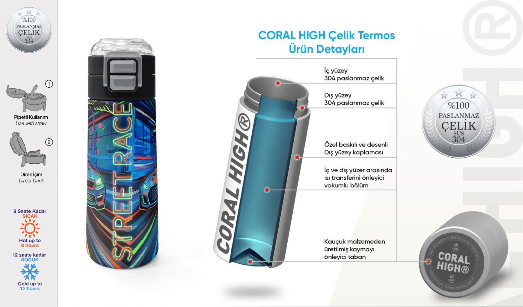 Coral High 500 ml Erkek Çocuk Siyah Yarış Arabası Baskılı Çelik Termos Matara - Okul Suluğu