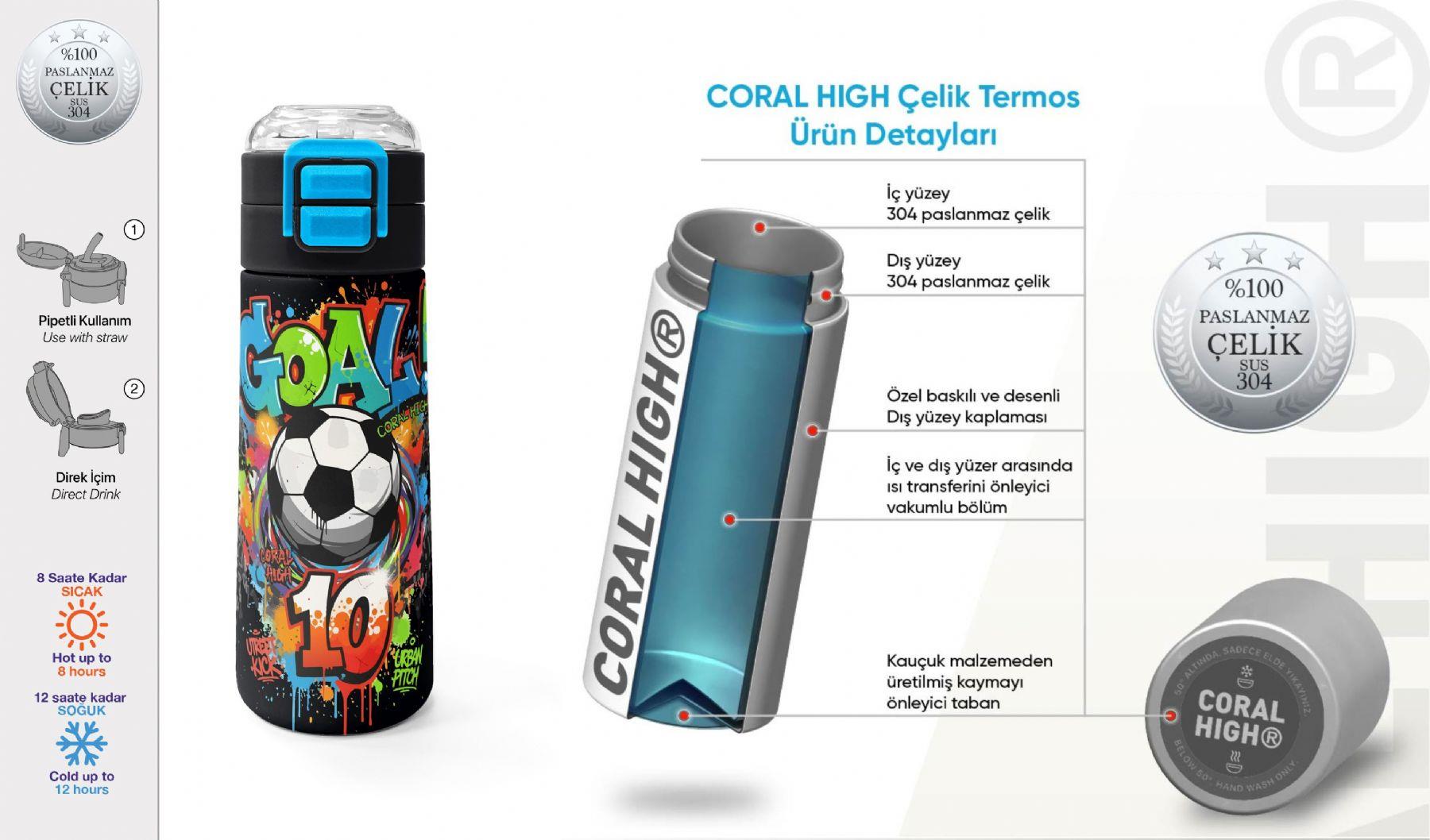Coral High 500 ml Erkek Çocuk Siyah Yeşil Goal Baskılı Çelik Termos Matara - Okul Suluğu