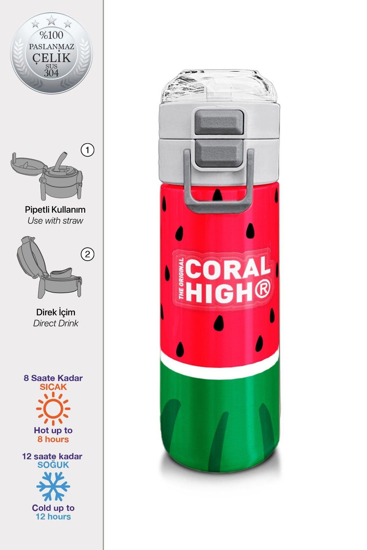 Coral High 500 ml Kırmızı Yeşil Karpuz Desenli - Erkek Çocuk Paslanmaz Çelik Okul Termosu/Suluk/Matara 31866