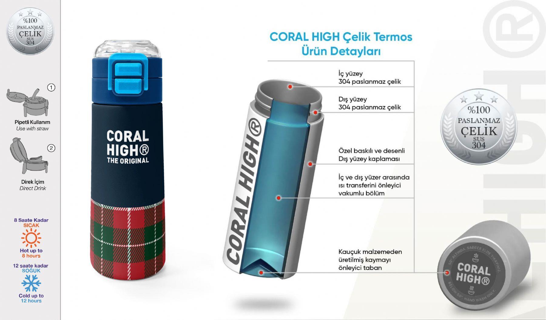 Coral High 500 ml Kız Çocuk Lacivert Kırmızı Ekosa Desenli Çelik Termos Matara - Okul Suluğu