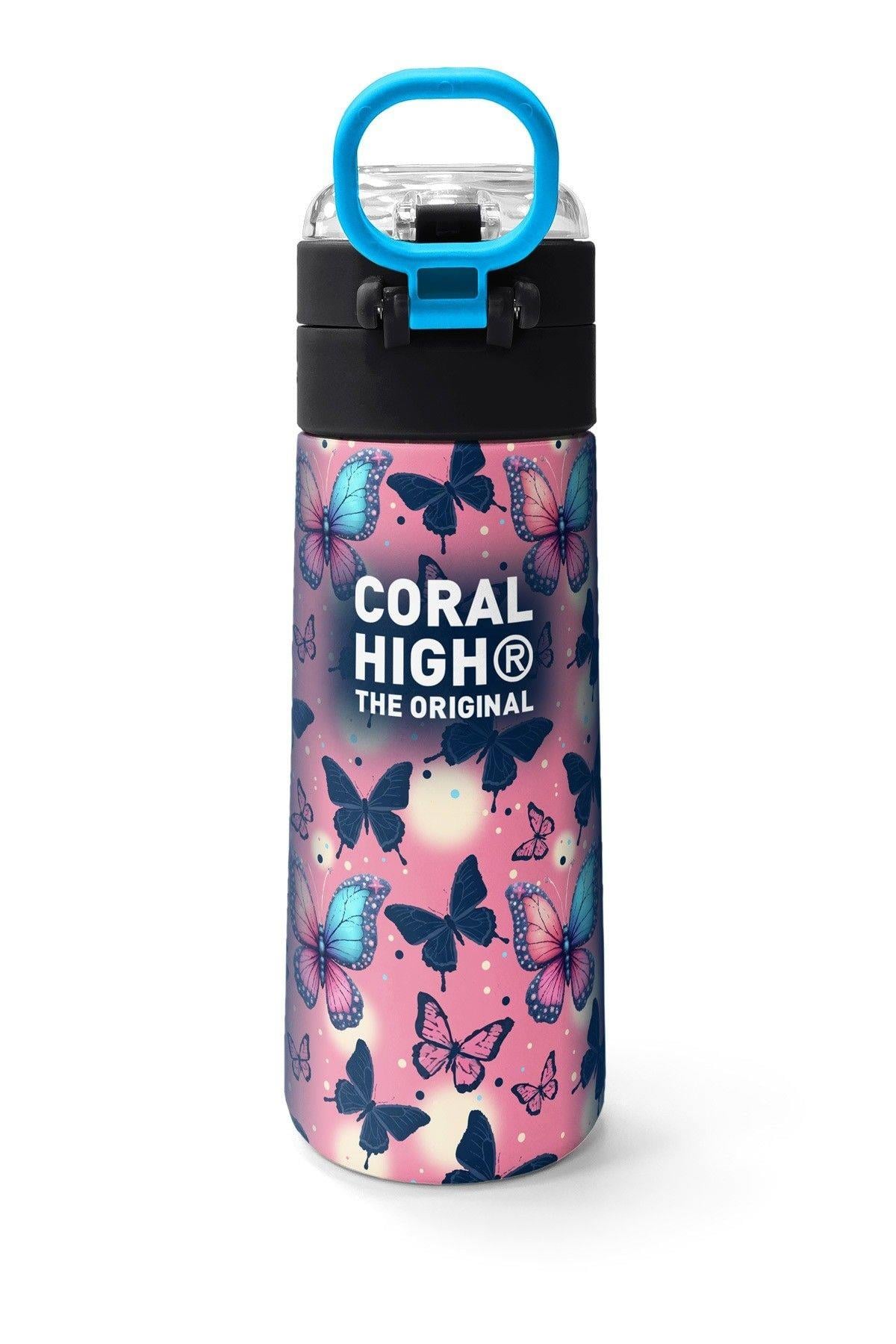 Coral High 500 ml Kız Çocuk Lacivert Pembe Kelebek Desenli Çelik Termos Matara - Okul Suluğu