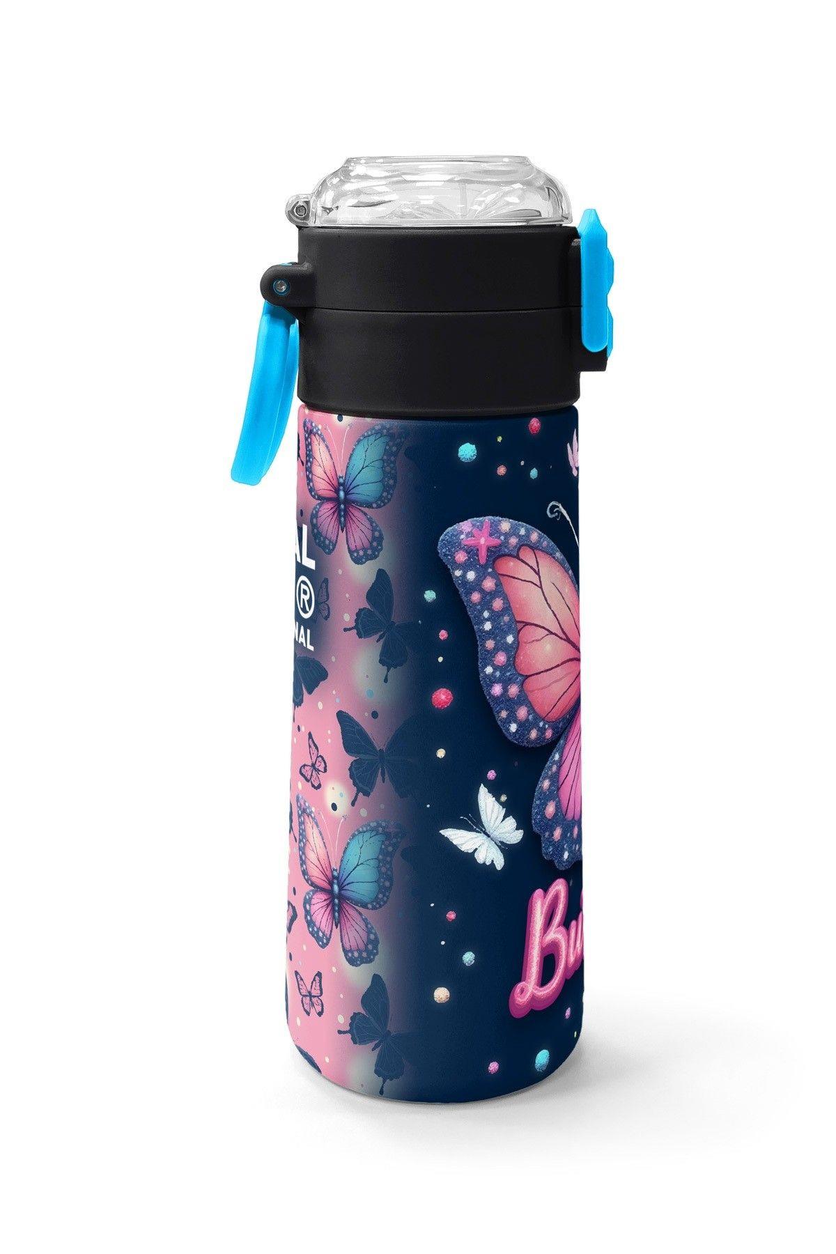 Coral High 500 ml Kız Çocuk Lacivert Pembe Kelebek Desenli Çelik Termos Matara - Okul Suluğu