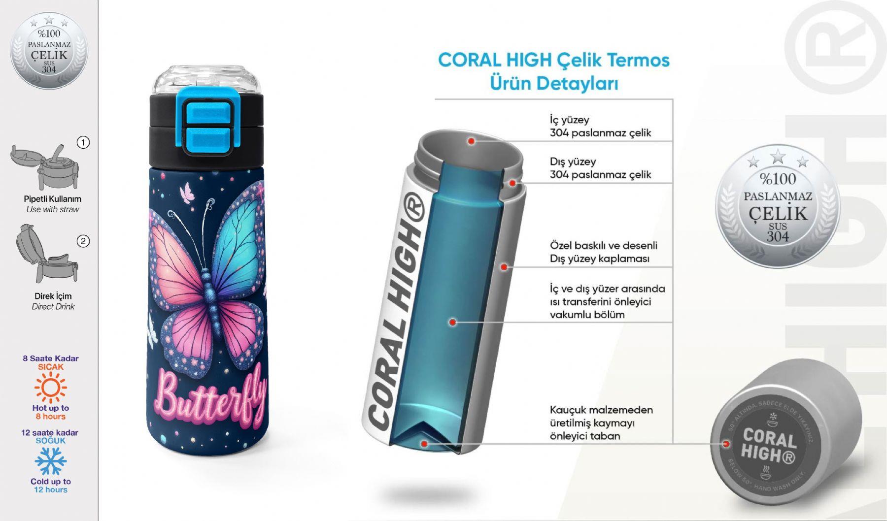 Coral High 500 ml Kız Çocuk Lacivert Pembe Kelebek Desenli Çelik Termos Matara - Okul Suluğu