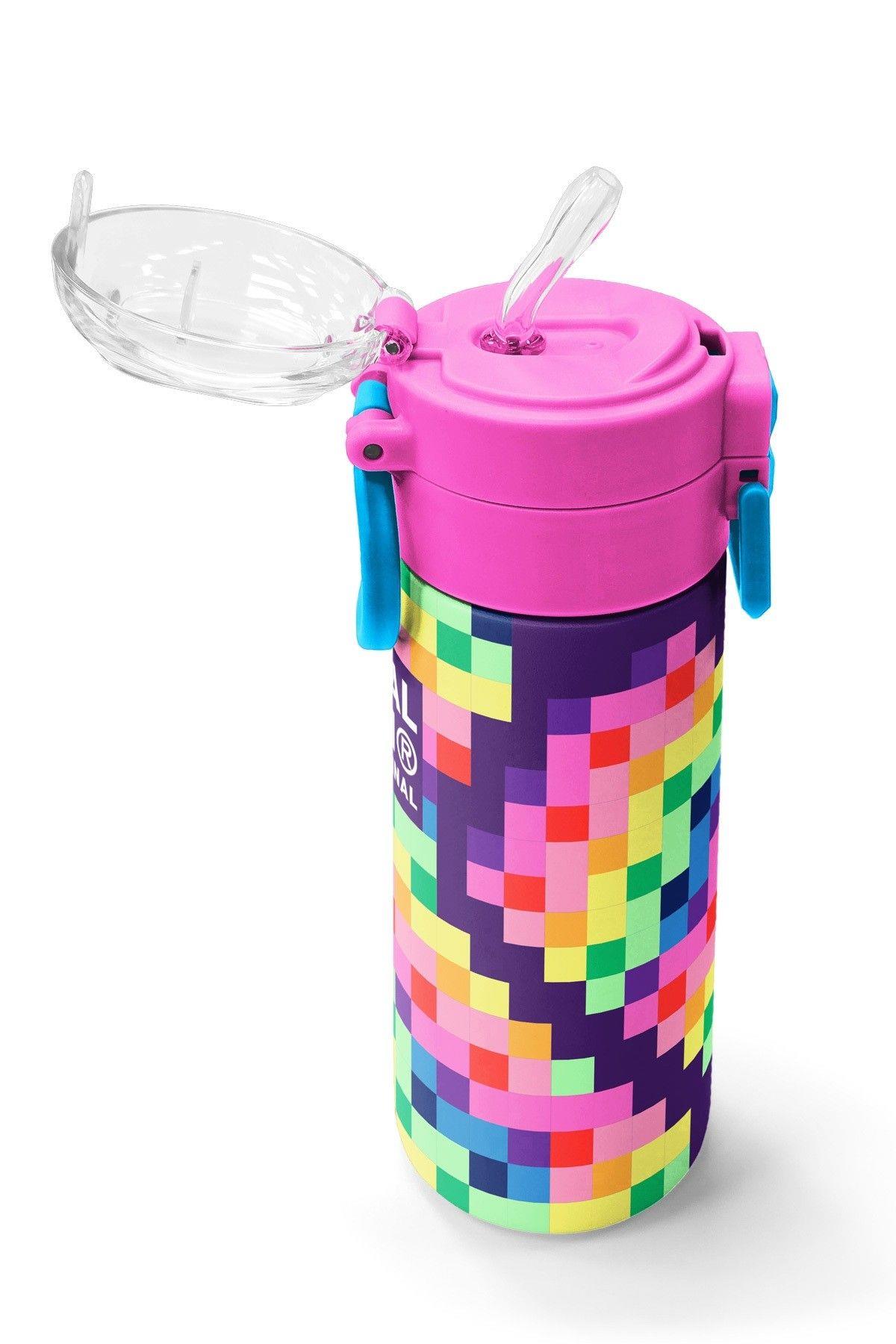 Coral High 500 ml Kız Çocuk Mor Piksel Kalp Desenli Çelik Termos Matara - Okul Suluğu