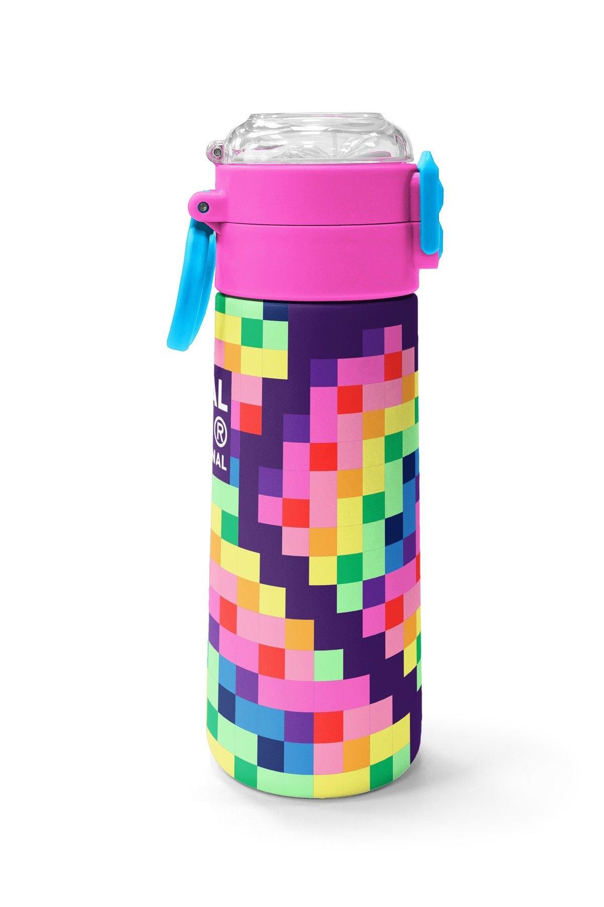 Coral High 500 ml Kız Çocuk Mor Piksel Kalp Desenli Çelik Termos Matara - Okul Suluğu