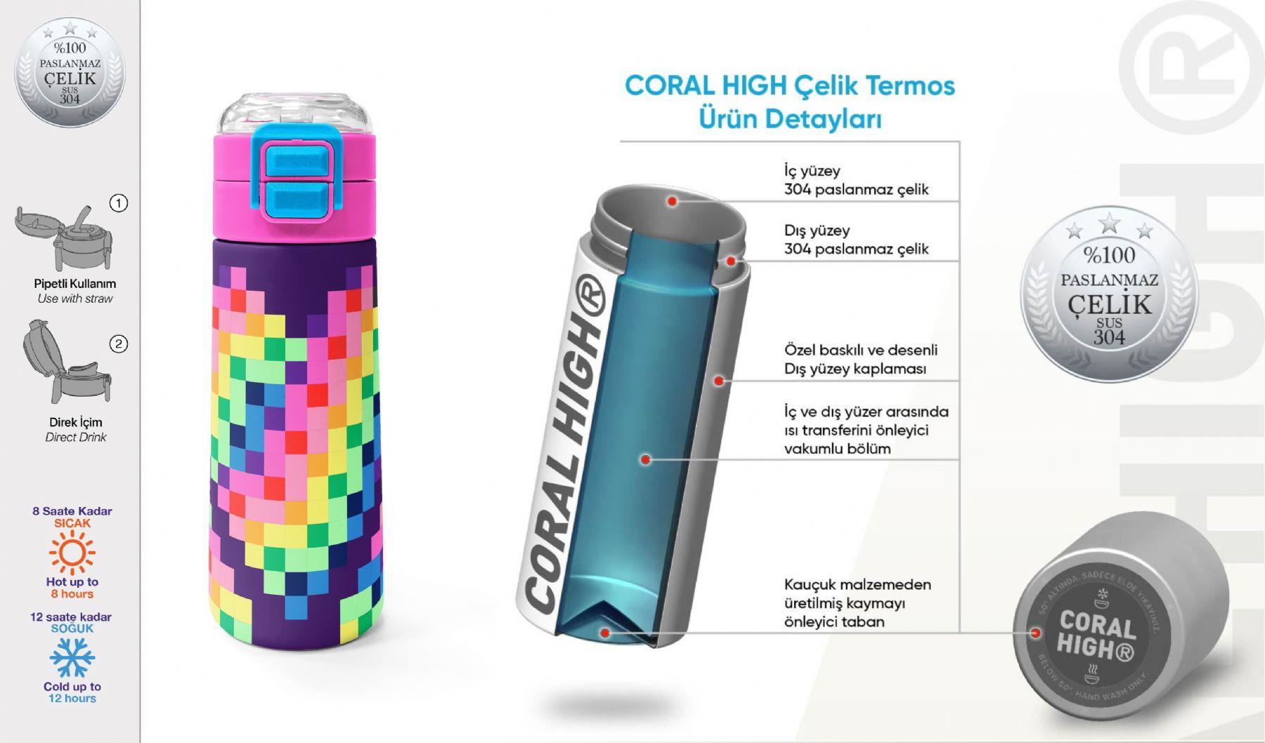 Coral High 500 ml Kız Çocuk Mor Piksel Kalp Desenli Çelik Termos Matara - Okul Suluğu