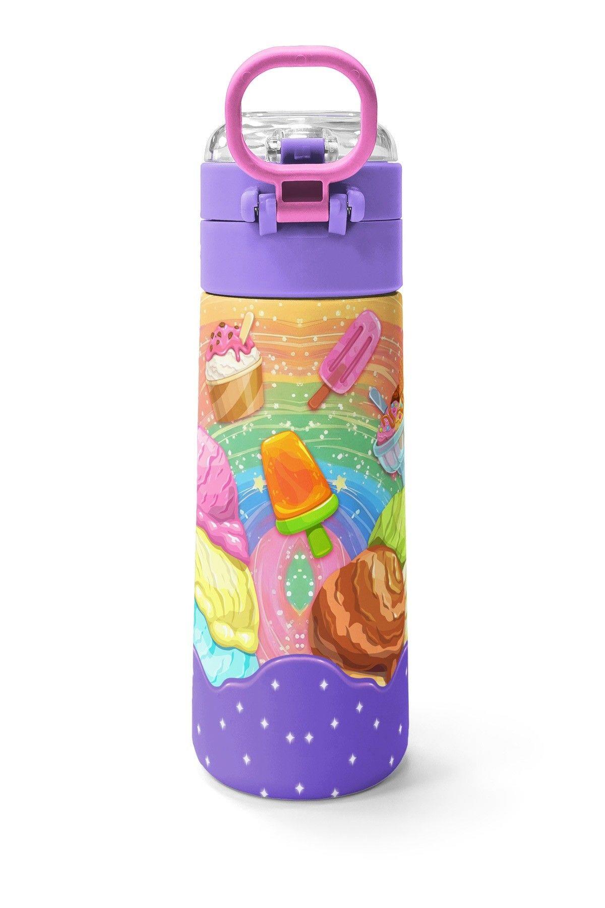 Coral High 500 ml Kız Çocuk Mor Sarı Dondurma Baskılı Çelik Termos Matara - Okul Suluğu