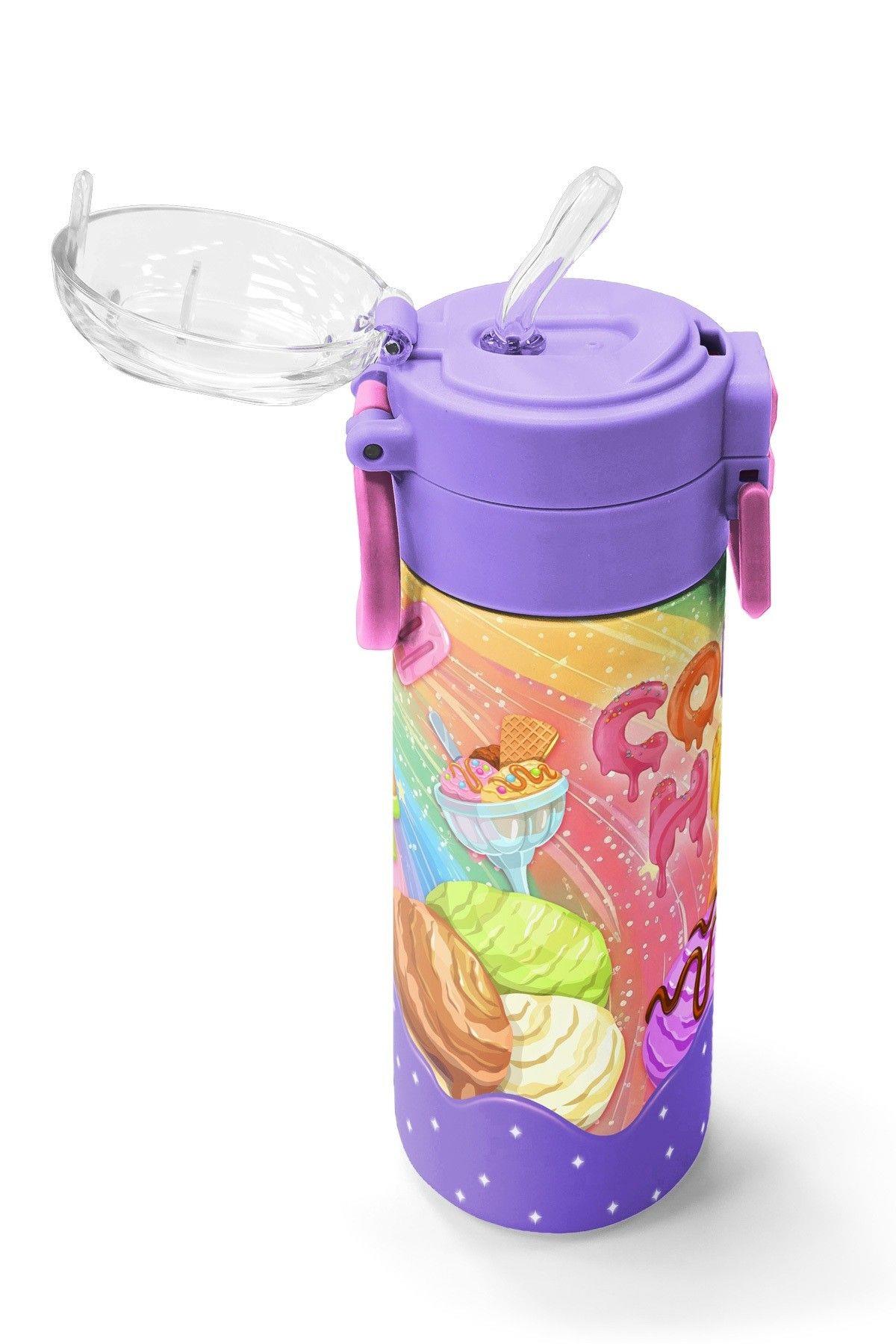 Coral High 500 ml Kız Çocuk Mor Sarı Dondurma Baskılı Çelik Termos Matara - Okul Suluğu