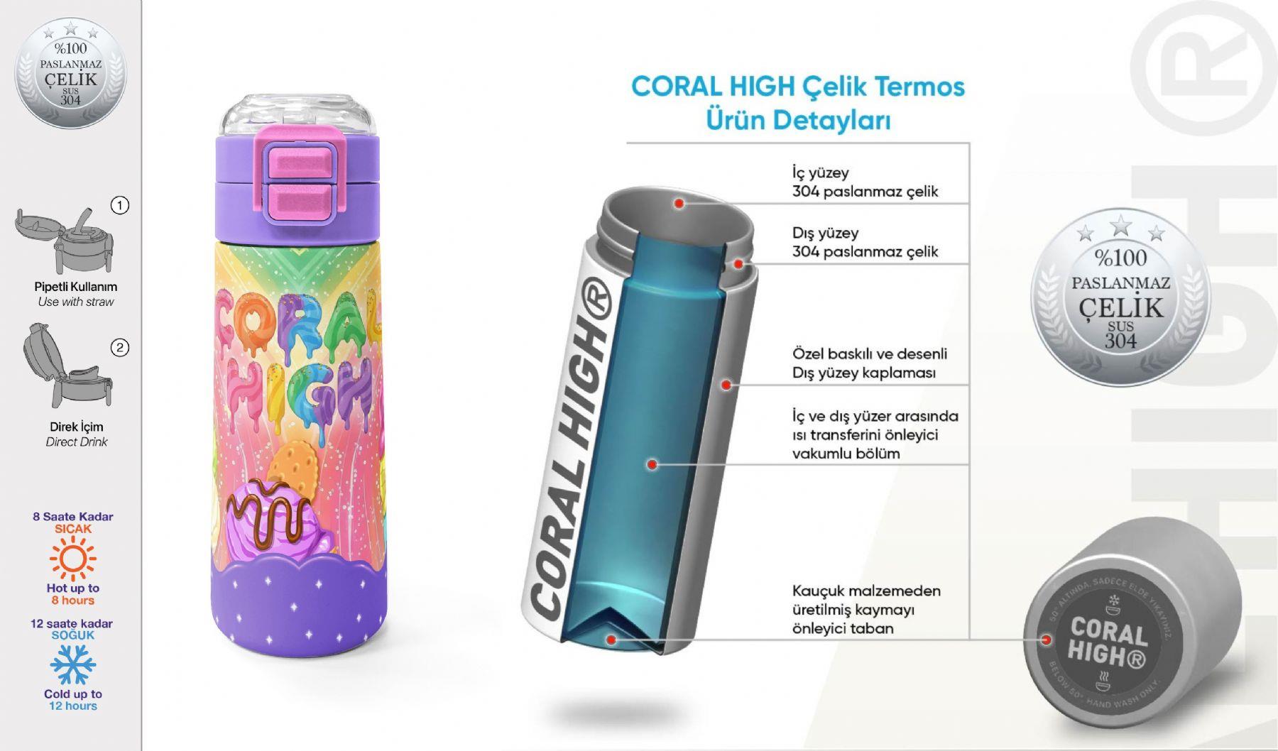 Coral High 500 ml Kız Çocuk Mor Sarı Dondurma Baskılı Çelik Termos Matara - Okul Suluğu