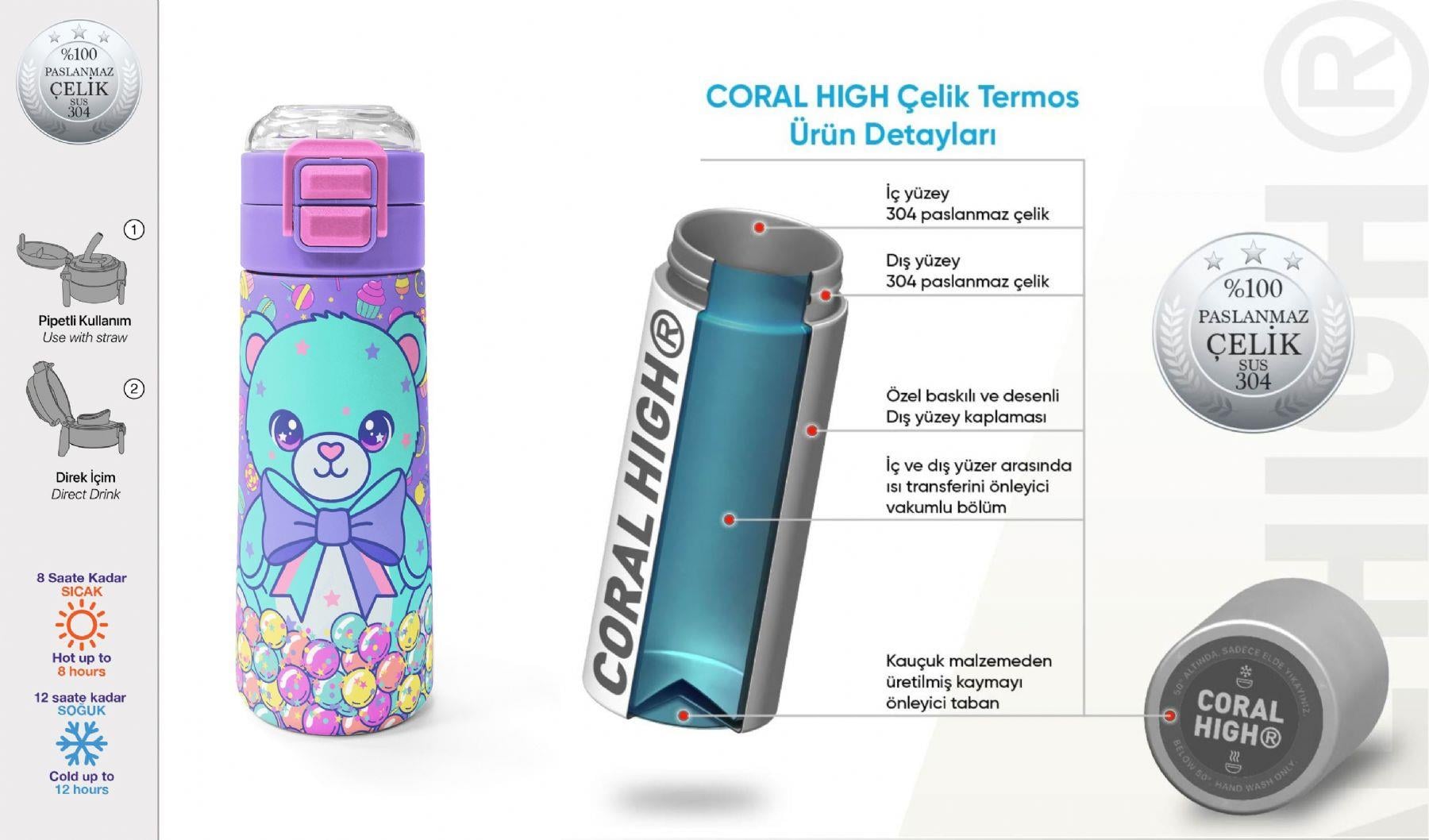 Coral High 500 ml Kız Çocuk Mor Yeşil Ayıcık Desenli Çelik Termos Matara - Okul Suluğu