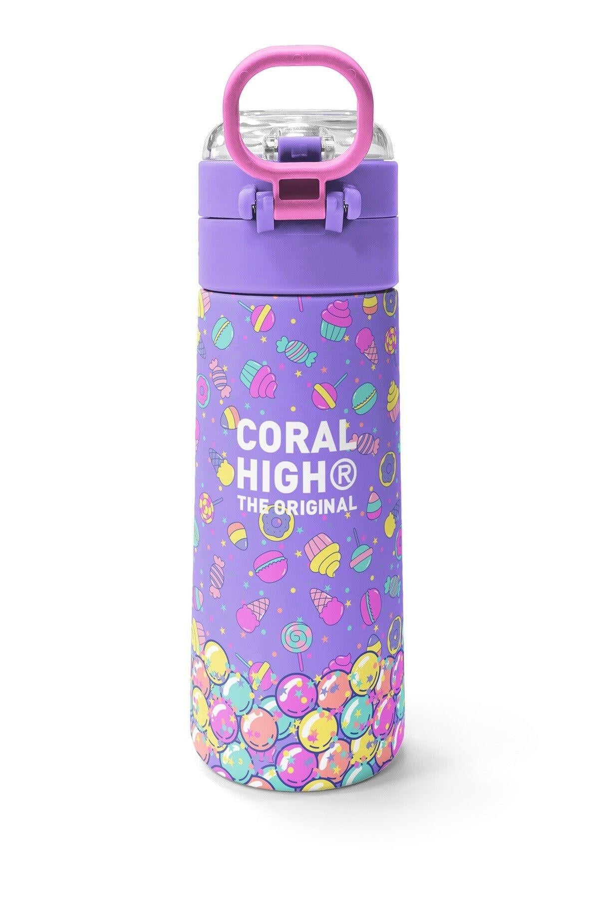 Coral High 500 ml Kız Çocuk Mor Yeşil Ayıcık Desenli Çelik Termos Matara - Okul Suluğu