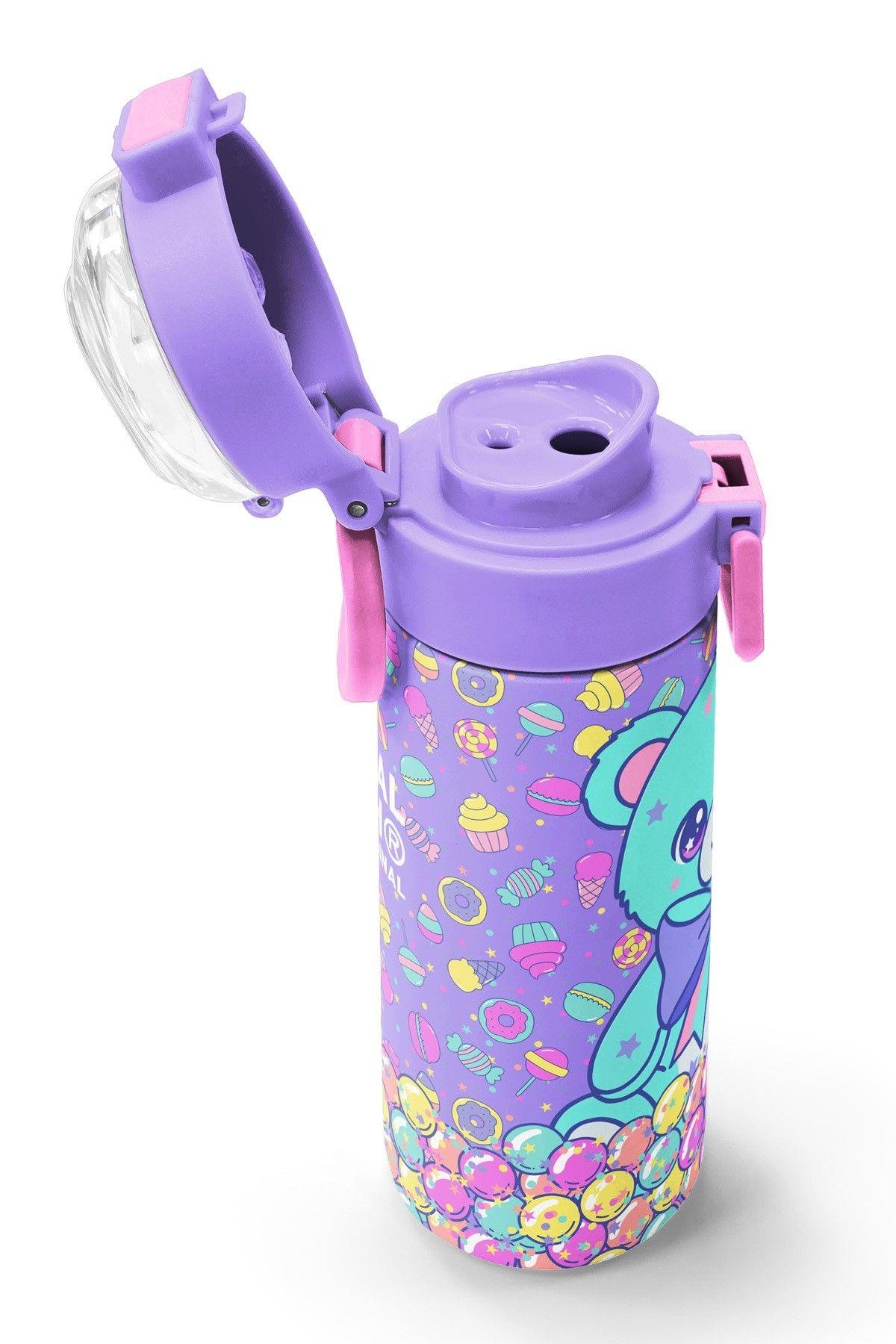 Coral High 500 ml Kız Çocuk Mor Yeşil Ayıcık Desenli Çelik Termos Matara - Okul Suluğu