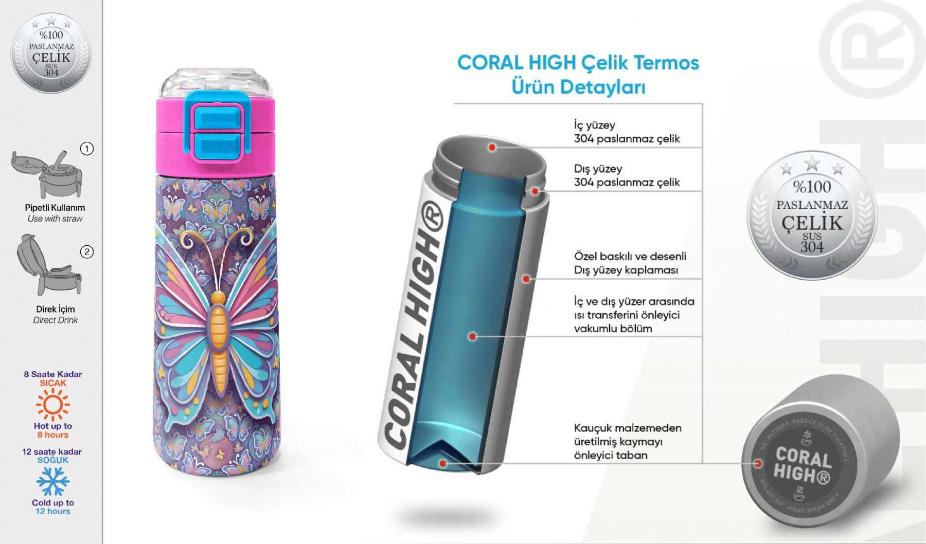 Coral High 500 ml Kız Çocuk Pastel Renkli Kelebek Desenli Çelik Termos Matara - Okul Suluğu