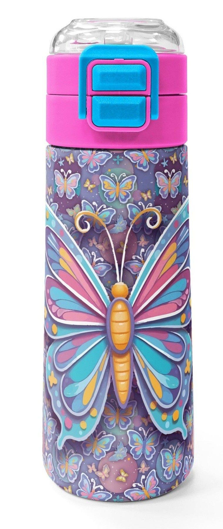 Coral High 500 ml Kız Çocuk Pastel Renkli Kelebek Desenli Çelik Termos Matara - Okul Suluğu