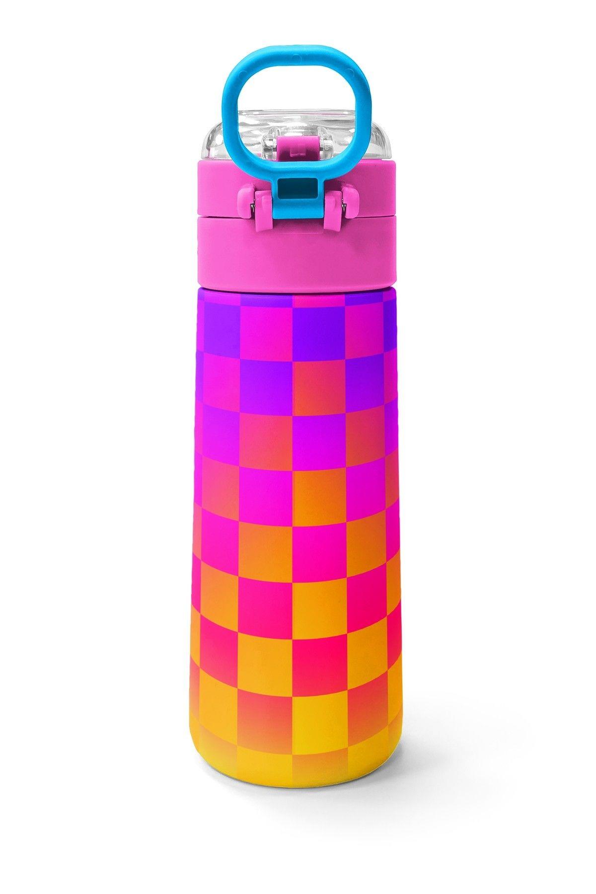Coral High 500 ml Kız Çocuk Sarı Mor Dama Desenli Çelik Termos Matara - Okul Suluğu