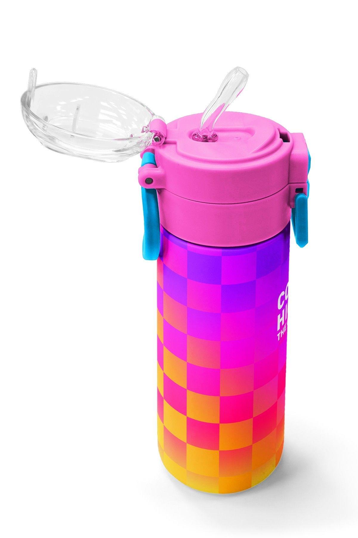 Coral High 500 ml Kız Çocuk Sarı Mor Dama Desenli Çelik Termos Matara - Okul Suluğu